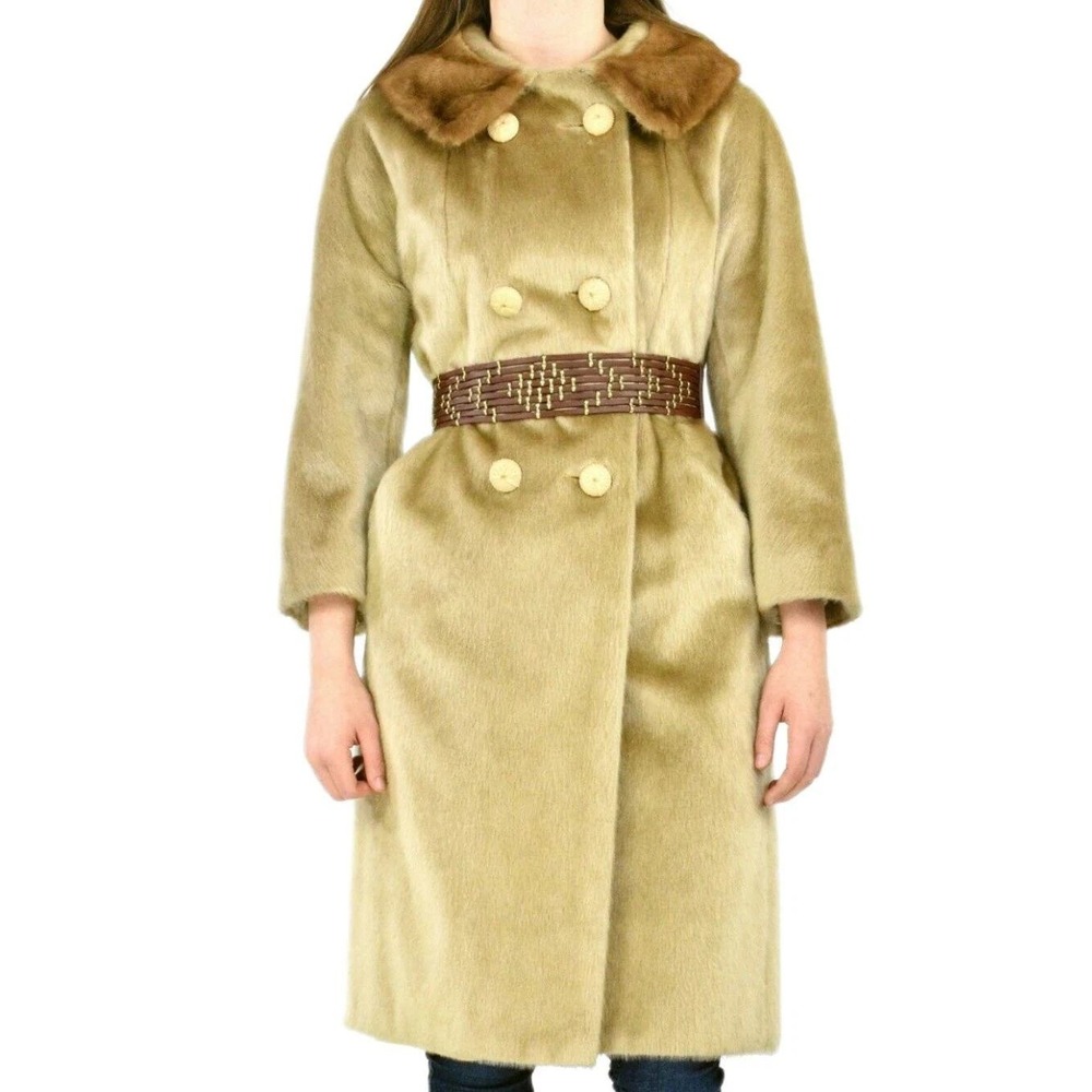 50s Vintage Tan Faux Fur Coat Womens M Real Fur Collar Double Breasted Swing